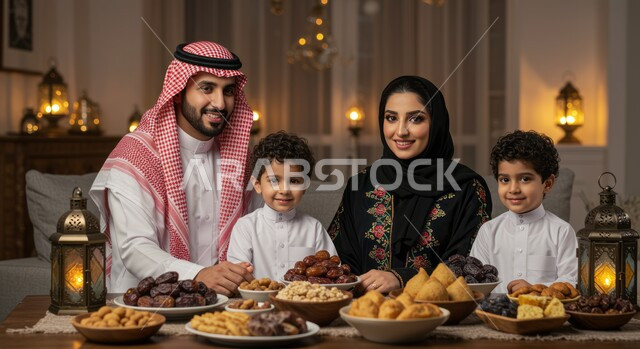 اجتماع الأسرة حول مائدة الطعام، أداء فريضة الصيام، إيماءات السعادة و السرور بقدوم شهر الخير، الاحتفال بالاعياد و المناسبات الاسلامية، عائله عربيه خليجيه سعوديه تجلس على سفرة افطار مليئة باصناف من المأكولات الشهية، أجواء دينية رمضانية،  جلوس عائلي على فطور رمضان