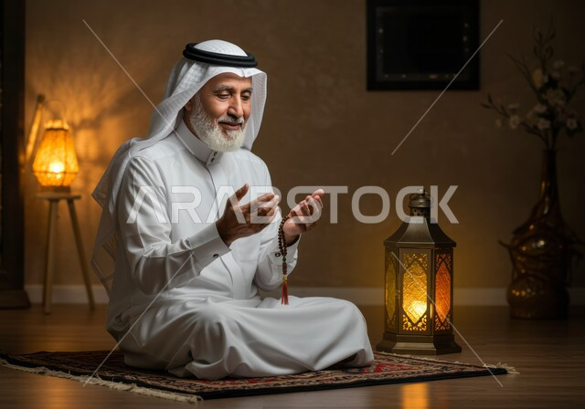 التهليل والتسبيح وطلب العفو والمغفرة من الله تعالى، العبادة والطاعة والإكثار من الأذكار في شهر رمضان المبارك, بورتريه لرجل عربي خليجي سعودي كبير بالسن يرتدي الثوب التقليدي والشماغ يجلس على سجادة الصلاة يرفع يديه بايماءات الدعاء وبجانبه فانوس معدني مزخرف مضيء