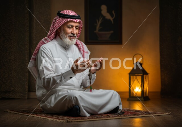 التهليل والتسبيح وطلب العفو والمغفرة من الله تعالى، العبادة والطاعة والإكثار من الأذكار في شهر رمضان المبارك, بورتريه لرجل عربي خليجي سعودي كبير بالسن يرتدي الثوب التقليدي والشماغ يجلس على سجادة الصلاة يرفع يديه بايماءات الدعاء وبجانبه فانوس معدني مزخرف مضيء