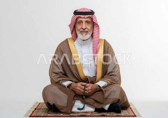التسبيح والتهليل وطلب العفو والمغفرة من الله تعالى، العبادة والطاعة والإكثار من الأذكار في شهر رمضان المبارك, بورتريه لرجل عربي خليجي سعودي كبير بالسن يرتدي الثوب التقليدي والشماغ يجلس على سجادة الصلاة ويحمل بيده السبحة، خلفية بيضاء
