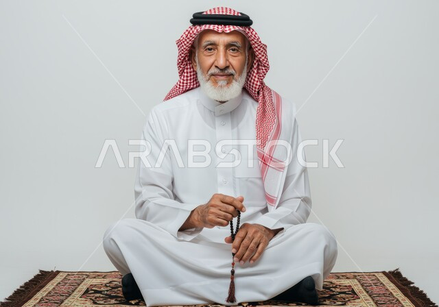 العبادة والطاعة والإكثار من الأذكار في شهر رمضان المبارك, التسبيح والتهليل وطلب العفو والمغفرة من الله تعالى، بورتريه لرجل عربي خليجي سعودي كبير بالسن يرتدي الثوب التقليدي والشماغ يجلس على سجادة الصلاة ويحمل بيده السبحة، خلفية بيضاء