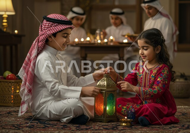 Playing, having fun and having fun, spending quality time with siblings enjoying and having fun, a Saudi Arabian Gulf child wearing traditional clothing and wearing a shemagh playing with his sister on Ramadan nights, decorations and decor for Islamic occasions and holidays, a happy family atmosphere