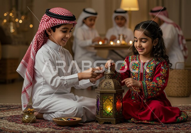 Playing, having fun and having fun, spending quality time with siblings enjoying and having fun, a Saudi Arabian Gulf child wearing traditional clothing and wearing a shemagh playing with his sister on Ramadan nights, decorations and decor for Islamic occasions and holidays, a happy family atmosphere