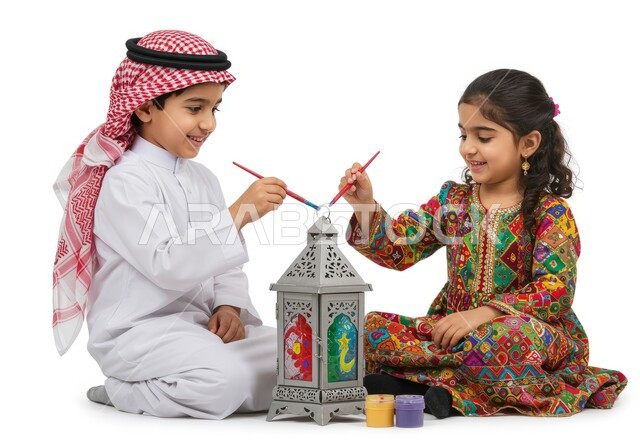 Playing, having fun and having fun, spending quality time with siblings enjoying and having fun, portrait of a Saudi Arabian Gulf child wearing traditional clothing and wearing a shemagh playing with his sister on Ramadan nights, decorations and decor for Islamic occasions and holidays, happy family atmosphere, white background