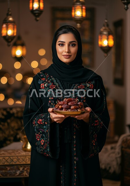 حسن الاستقبال وكرم الضيافة، عادات وتقاليد السعوديين في اكرام الضيف، صورة مقربة لامرأة عربية خليجية سعودية محجبة مبتسمة ترتدي العباءة تحمل بيدها صحن من التمر السكري اللذيذ، محصول زراعي وطني محلي، طبق زجاجي مليء بالتمور