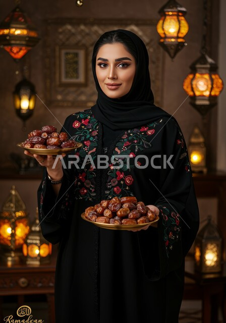 عادات وتقاليد السعوديين في اكرام الضيف، حسن الاستقبال وكرم الضيافة، صورة مقربة لامرأة عربية خليجية سعودية محجبة مبتسمة ترتدي العباءة تحمل بيدها صحن من التمر السكري اللذيذ، محصول زراعي وطني محلي، طبق زجاجي مليء بالتمور