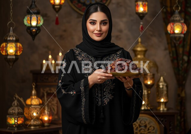 حسن الاستقبال وكرم الضيافة، عادات وتقاليد السعوديين في اكرام الضيف، صورة مقربة لامرأة عربية خليجية سعودية محجبة مبتسمة ترتدي العباءة تحمل بيدها صحن من التمر السكري اللذيذ، محصول زراعي وطني محلي، طبق زجاجي مليء بالتمور
