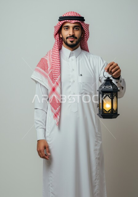 الاستعداد لقدوم شهر رمضان, المناسبات الدينية والأعياد الإسلامية,  بورتريه لرجل عربي خليجي سعودي مبتسم يرتدي الثوب التقليدي والشماغ يحمل الفانوس المضيء, تحف وزينة الاحتفالات في السعودية, خلفية بيضاء