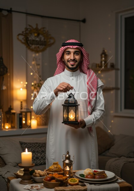الاستعداد لقدوم شهر رمضان, المناسبات الدينية والأعياد الإسلامية,  رجل عربي خليجي سعودي مبتسم يرتدي الثوب التقليدي والشماغ يحمل الفانوس المضيء, تحف وزينة الاحتفالات في السعودية