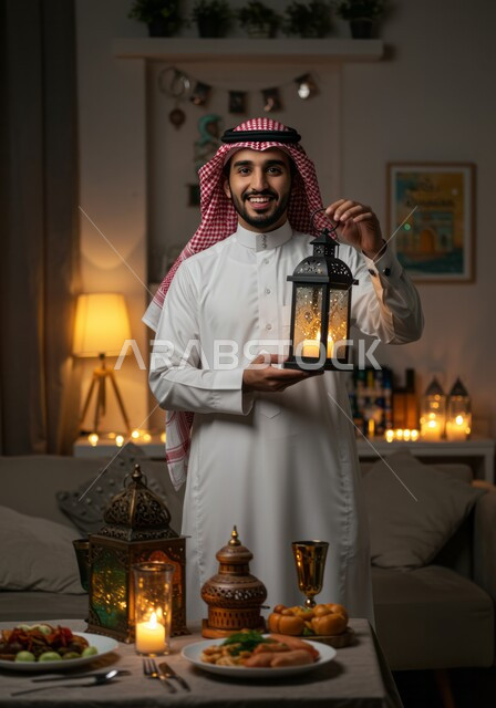 الاستعداد لقدوم شهر رمضان, المناسبات الدينية والأعياد الإسلامية,  رجل عربي خليجي سعودي مبتسم يرتدي الثوب التقليدي والشماغ يحمل الفانوس المضيء, تحف وزينة الاحتفالات في السعودية