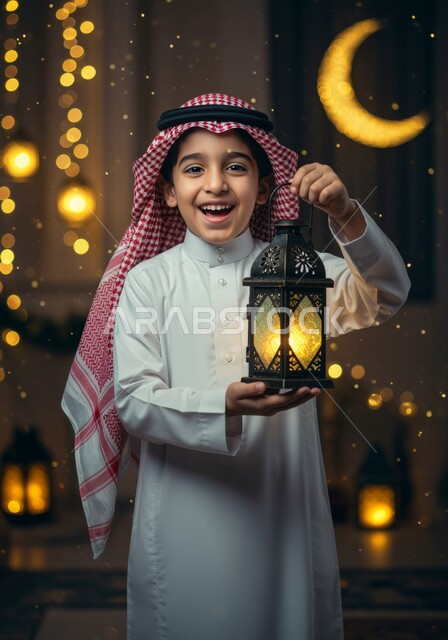 Religious occasions and Islamic holidays, a smiling Saudi Arabian Gulf boy wearing the traditional dress and shemagh and holding a lantern with gestures of happiness, a lit Ramadan crescent, decorations of Anwar for holidays and occasions, preparing and getting ready to welcome the month of Ramadan