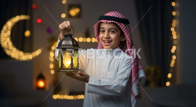 تحف وزينة الاحتفالات في السعودية، الاستعداد لقدوم شهر رمضان, المناسبات الدينية والأعياد الإسلامية,  طفل عربي خليجي سعودي مبتسم يرتدي الثوب التقليدي والشماغ ويحمل الفانوس, هلال رمضاني مضيئ
