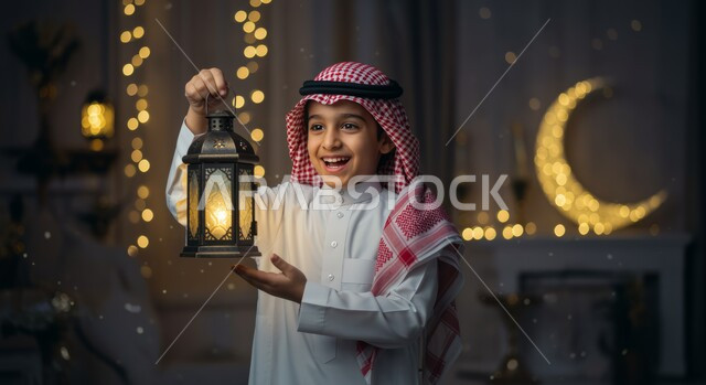 تحف وزينة الاحتفالات في السعودية، الاستعداد لقدوم شهر رمضان, المناسبات الدينية والأعياد الإسلامية,  طفل عربي خليجي سعودي مبتسم يرتدي الثوب التقليدي والشماغ ويحمل الفانوس, هلال رمضاني مضيئ