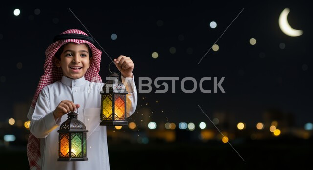 الاستعداد والتجهز لاستقبال شهر رمضان المبارك، الاحتفال بقدوم شهر الخير، زينة وأنوار الأعياد والمناسبات، ولد عربي خليجي اماراتي مبتسم يرتدي الثوب التقليدي والشماغ يمسك بيده فانوس معدني مزخرف مضيء، النظر الى الكاميرا بايماءات السعادة والسرور