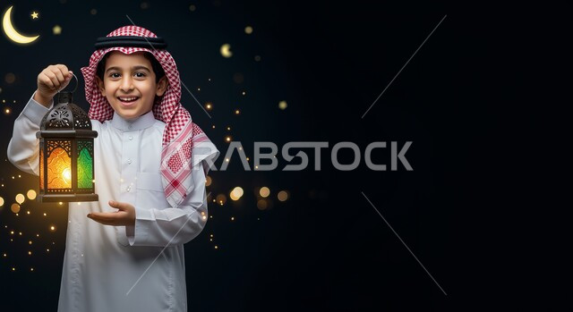 الاحتفال بقدوم شهر الخير، زينة وأنوار الأعياد والمناسبات، الاستعداد والتجهز لاستقبال شهر رمضان المبارك، ولد عربي خليجي اماراتي مبتسم يرتدي الثوب التقليدي والشماغ يمسك بيده فانوس معدني مزخرف مضيء، النظر الى الكاميرا بايماءات السعادة والسرور