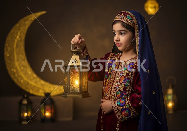 الاستعداد والتجهز لاستقبال شهر رمضان المبارك، الاحتفال بقدوم شهر الخير، زينة وأنوار الأعياد والمناسبات، فتاة عربية خليجية سعودية مبتسمة ترتدي العباءة المزخرفة تمسك بيدها فانوس معدني مزخرف مضيء، تعابير الفرح والسرور