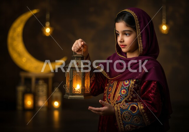 الاحتفال بقدوم شهر الخير، زينة وأنوار الأعياد والمناسبات، الاستعداد والتجهز لاستقبال شهر رمضان المبارك، فتاة عربية خليجية سعودية مبتسمة ترتدي العباءة المزخرفة تمسك بيدها فانوس معدني مزخرف مضيء، تعابير الفرح والسرور