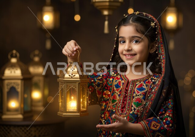 الاستعداد والتجهز لاستقبال شهر رمضان المبارك، الاحتفال بقدوم شهر الخير، زينة وأنوار الأعياد والمناسبات، فتاة عربية خليجية سعودية مبتسمة ترتدي العباءة المزخرفة تمسك بيدها فانوس معدني مزخرف مضيء، تعابير الفرح والسرور