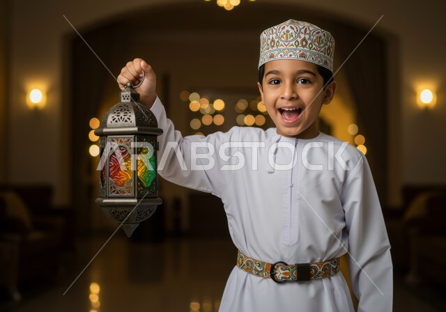الاستعداد لقدوم رمضان, تحف وزينة الاحتفالات في الشهر الفضيل، المناسبات الدينية والأعياد الإسلامية,  طفل عربي خليجي عماني مبتسم يرتدي الدشداشة والطاقية التقليدية ويحمل بيده فانوس، مفهوم الاحتفال والفرح