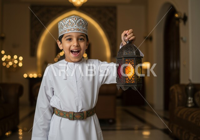 الاستعداد لقدوم رمضان, تحف وزينة الاحتفالات في الشهر الفضيل، المناسبات الدينية والأعياد الإسلامية,  طفل عربي خليجي عماني مبتسم يرتدي الدشداشة والطاقية التقليدية ويحمل بيده فانوس، مفهوم الاحتفال والفرح
