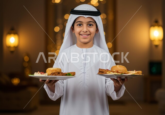 اجواء الشهر الفضيل، مشاركة الابناء فرحة الاعياد والمناسبات الاسلامية، ولد عربي خليجي اماراتي يرتدي الكندورة التقليدية والغترة يحمل أطباق أكل رمضانية، وجبة افطار صائم، ايماءات السعادة بمناسبة قدوم رمضان
