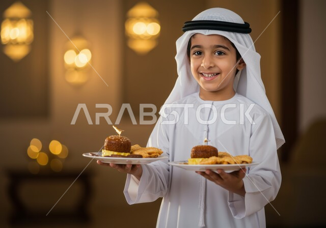 وجبة افطار صائم، اجواء الشهر الفضيل، مشاركة الابناء فرحة الاعياد والمناسبات الاسلامية، ولد عربي خليجي اماراتي يرتدي الكندورة التقليدية والغترة يحمل أطباق أكل رمضانية، ايماءات السعادة بمناسبة قدوم رمضان