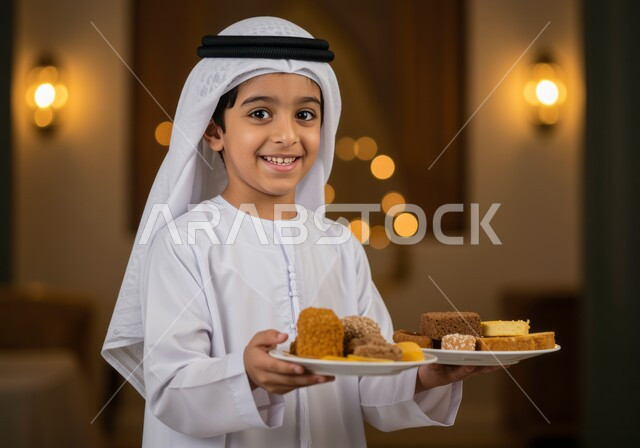 اجواء الشهر الفضيل، مشاركة الابناء فرحة الاعياد والمناسبات الاسلامية، ولد عربي خليجي اماراتي يرتدي الكندورة التقليدية والغترة يحمل أطباق أكل رمضانية، وجبة افطار صائم، ايماءات السعادة بمناسبة قدوم رمضان