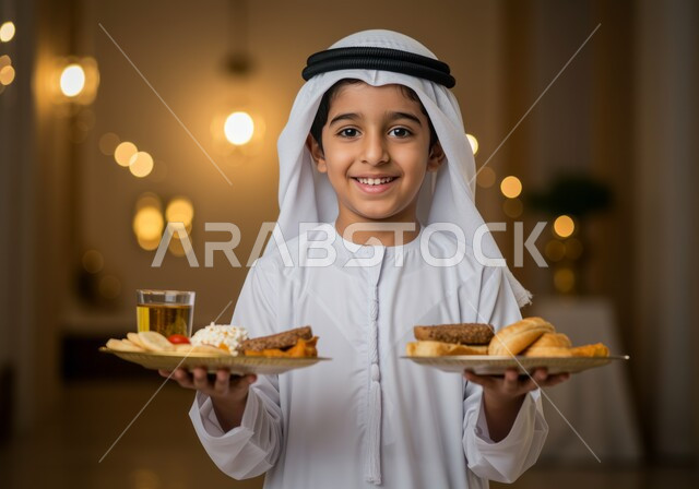 مشاركة الابناء فرحة الاعياد والمناسبات الاسلامية، ولد عربي خليجي اماراتي يرتدي الكندورة التقليدية والغترة يحمل أطباق أكل رمضانية، اجواء الشهر الفضيل، ايماءات السعادة بمناسبة قدوم رمضان