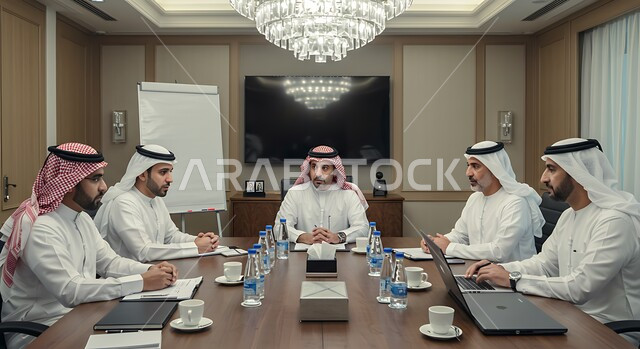 ايماءات السعادة والسرور لبدء الشراكة، اجتماع عمل مع موظفين عرب خليجيين سعوديين في غرفة الاجتماعات، بيئة العمل المريحة في الشركات السعودية, نقاشات خاصة بالعمل,التفاهم والتعاون بين الزملاء لتحقيق أهداف الشركة, استخدام الأجهزة التقنية الحديثة في المكاتب