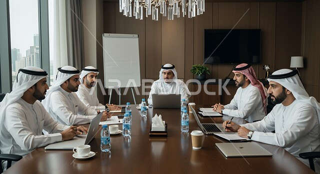 ايماءات السعادة والسرور لبدء الشراكة، اجتماع عمل مع موظفين عرب خليجيين سعوديين في غرفة الاجتماعات، بيئة العمل المريحة في الشركات السعودية, نقاشات خاصة بالعمل,التفاهم والتعاون بين الزملاء لتحقيق أهداف الشركة, استخدام الأجهزة التقنية الحديثة في المكاتب