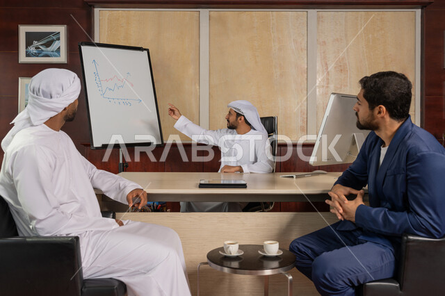 مناقشة وضمان فهم واضح وشامل للاعمال، العمل الجماعي وروح الفريق، استعمال السبورة لتوضيح العمليات والاجراءات المتبعة في الشركة، رجل عربي اماراتي خليجي يرتدي الكندورة يجلس في مكتبه مع زملائه يقوم بشرح المخططات، الاحترافية والتفاني في الإنجاز