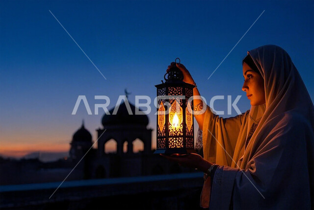 Decorations and lights of Islamic religious holidays and occasions, celebrating the arrival of the month of goodness, preparing and getting ready to receive the holy month of Ramadan, a close-up image from the side of a veiled Saudi Arabian Gulf woman wearing an abaya holding a decorated illuminated metal lantern, background of an Islamic mosque with domes and minarets