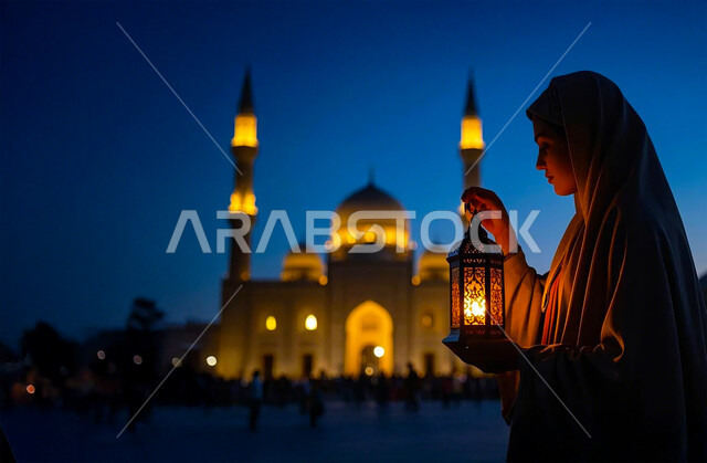 الاستعداد والتجهز لاستقبال شهر رمضان المبارك، صورة مقربة من الجانب لإمرأة عربية خليجية سعودية محجبة ترتدي العباءة تحمل فانوس معدني مزخرف مضيء، زينة وأنوار الأعياد والمناسبات الدينية الاسلامية، الاحتفال بقدوم شهر الخير، خلفية مسجد اسلامي مع القبب والمآذن