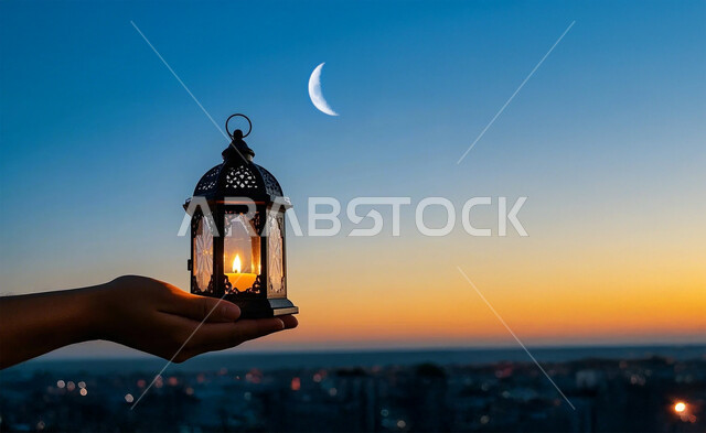 التجهز والاستعداد لاستقبال شهر رمضان المبارك، صورة مقربة ليد رجل عربي خليجي سعودي يحمل فانوس معدني مزخرف مضيء، زينة وأنوار الأعياد والمناسبات الدينية الاسلامية، الاحتفال بقدوم شهر الخير، منظر الهلال في السماء