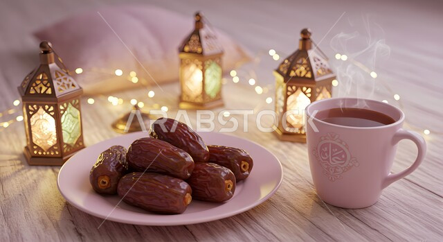 منتج ومحصول محلي وطني، الفطور التقليدي في شهر رمضان المبارك، زينة وديكور الأعياد والمناسبات الاسلامية، حسن الضيافه وكرم الاستقبال في السعودية، الاستمتاع بالمشروب الساخن، كوب شاي ساخن مع طبق مليء بالتمر بجانب فوانيس معدنية مضيئة، وجبة افطار صائم ذات قيمة غذائية عالية