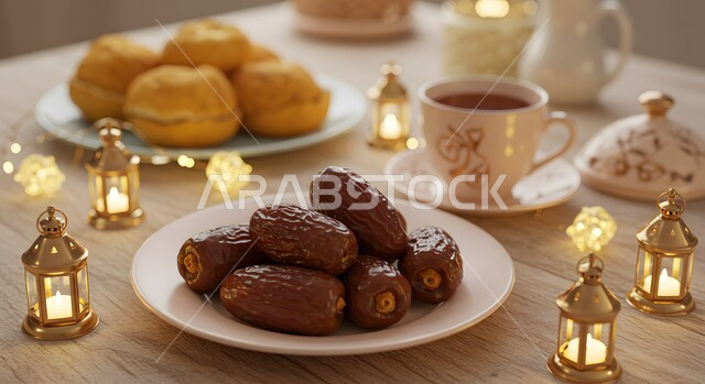 الفطور التقليدي في شهر رمضان المبارك، زينة وديكور الأعياد والمناسبات الاسلامية، حسن الضيافه وكرم الاستقبال في السعودية، الاستمتاع بالمشروب الساخن، كوب شاي ساخن مع طبق مليء بالتمر بجانب فوانيس معدنية مضيئة، وجبة افطار صائم ذات قيمة غذائية عالية، منتج ومحصول محلي وطني