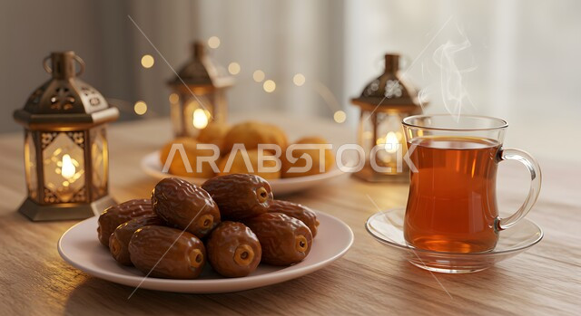 زينة وديكور الأعياد والمناسبات الاسلامية، حسن الضيافه وكرم الاستقبال في السعودية، الاستمتاع بالمشروب الساخن، كوب شاي ساخن مع طبق مليء بالتمر بجانب فوانيس معدنية مضيئة، وجبة افطار صائم ذات قيمة غذائية عالية، منتج ومحصول محلي وطني، الفطور التقليدي في شهر رمضان المبارك