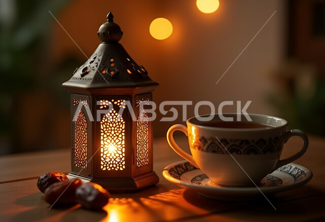 Enjoying hot drinks, a cup of hot tea with delicious dates next to a lit metal lantern, local national products and crops, a healthy and useful Ramadan breakfast, Islamic holiday and occasion decorations, hospitality and generous reception in Saudi Arabia