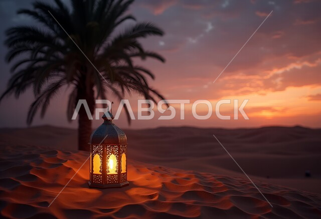 فانوس معدني مزخرف مضيء وسط الرمال بجانب شجرة نخيل، الكثبان الرملية والبيئة الصحراوية في المناطق البرية للمملكة العربية السعودية، زينة وإضاءة الاعياد والمناسبات الدينية، تحفة إسلامية عريقة في الصحراء وقت غروب الشمس، خلفية طبيعية