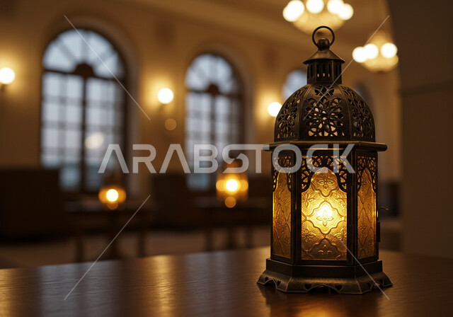 ديكور وتحفة  اسلامية، فانوس تقليدي مضيء على طاولة خشبية، مصباح معدني مزخرف، الأجواء الروحانية في رمضان، الاستعداد لاستقبال شهر الخير، خلفية رمضانية دينية