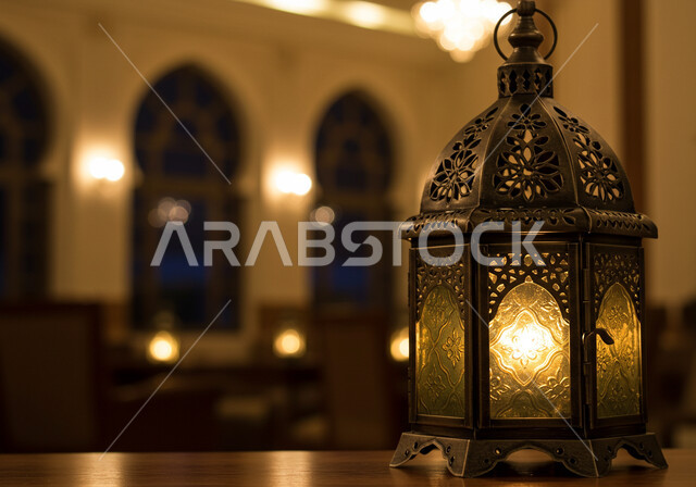مصباح معدني مزخرف، فانوس تقليدي مضيء على طاولة خشبية، الأجواء الروحانية في رمضان، الاستعداد لاستقبال شهر الخير، ديكور وتحفة  اسلامية، خلفية رمضانية دينية