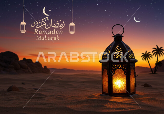 قالب تصميم اسلامي للتهنئة بقدوم شهر الخير، فانوس معدني مزخرف مضيء وسط الرمال الذهبية في صحراء المملكة العربية السعودية وقت غروب الشمس، زينة وإضاءة الاعياد والمناسبات الدينية، مخطوطة بعبارة رمضان مبارك باللغة العربية والانجليزية، خلفية طبيعية
