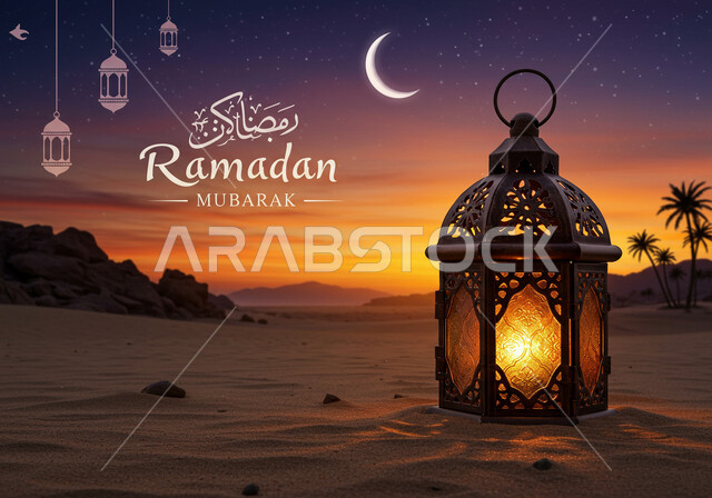 Ramadan Mubarak handwritten in Arabic and English, Islamic design template for congratulating the arrival of the month of goodness, illuminated decorative metal lantern in the middle of the golden sands of the desert of Saudi Arabia at sunset, religious holiday and occasion decorations and lighting, natural background