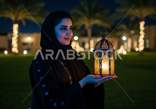  زينة وأنوار الأعياد والمناسبات الدينية الاسلامية، الاحتفال بقدوم شهر الخير في احدى الحدائق العامة، الاستعداد والتجهز لاستقبال شهر رمضان المبارك، صورة مقربة من الجانب لإمرأة عربية خليجية سعودية محجبة تحمل فانوس معدني مزخرف مضيء تقف في الهواء الطلق
