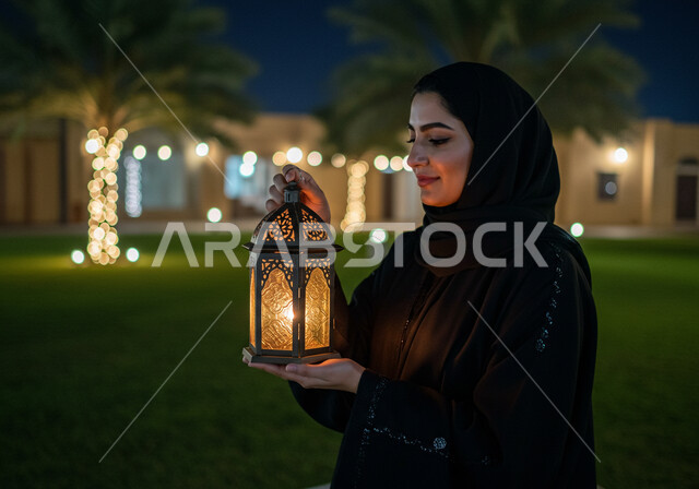  الاستعداد والتجهز لاستقبال شهر رمضان المبارك، صورة مقربة من الجانب لإمرأة عربية خليجية سعودية محجبة تحمل فانوس معدني مزخرف مضيء تقف في الهواء الطلق، زينة وأنوار الأعياد والمناسبات الدينية الاسلامية، الاحتفال بقدوم شهر الخير في احدى الحدائق العامة