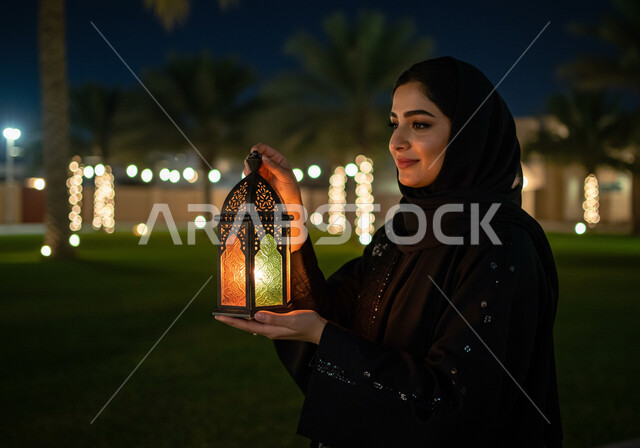 الاحتفال بقدوم شهر الخير في احدى الحدائق العامة، الاستعداد والتجهز لاستقبال شهر رمضان المبارك، صورة مقربة من الجانب لإمرأة عربية خليجية سعودية محجبة تحمل فانوس معدني مزخرف مضيء تقف في الهواء الطلق، زينة وأنوار الأعياد والمناسبات الدينية الاسلامية
