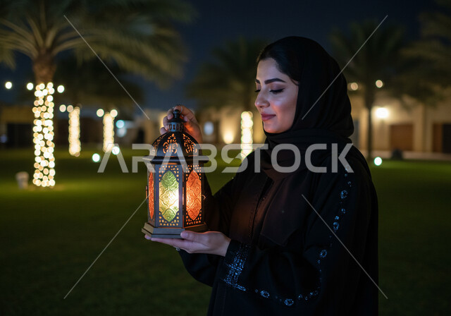  زينة وأنوار الأعياد والمناسبات الدينية الاسلامية، الاحتفال بقدوم شهر الخير في احدى الحدائق العامة، الاستعداد والتجهز لاستقبال شهر رمضان المبارك، صورة مقربة من الجانب لإمرأة عربية خليجية سعودية محجبة تحمل فانوس معدني مزخرف مضيء تقف في الهواء الطلق