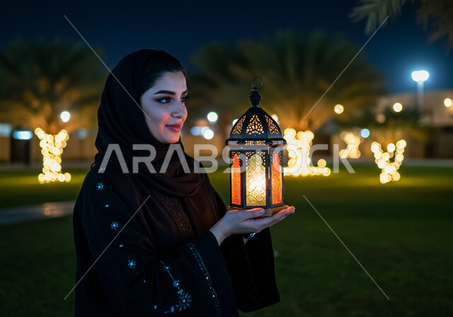 الاحتفال بقدوم شهر الخير في احدى الحدائق العامة، الاستعداد والتجهز لاستقبال شهر رمضان المبارك، صورة مقربة من الجانب لإمرأة عربية خليجية سعودية محجبة تحمل فانوس معدني مزخرف مضيء تقف في الهواء الطلق، زينة وأنوار الأعياد والمناسبات الدينية الاسلامية