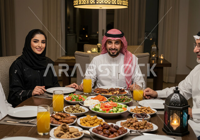 تجمع أسرة عربية خليجية سعودية حول سفرة الإفطار في شهر رمضان المبارك، ايماءات السعادة والسرور، مائده طعام مليئه بأصناف المأكولات و المقبلات الشهية، ديكور وأجواء رمضانية، نقاش وحوار عائلي