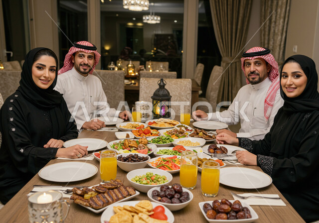 Ramadan decorations and atmosphere, family discussions and dialogues, a Saudi Arabian Gulf family gathering around the Iftar table in the holy month of Ramadan, gestures of happiness and joy, a dining table full of delicious foods and appetizers